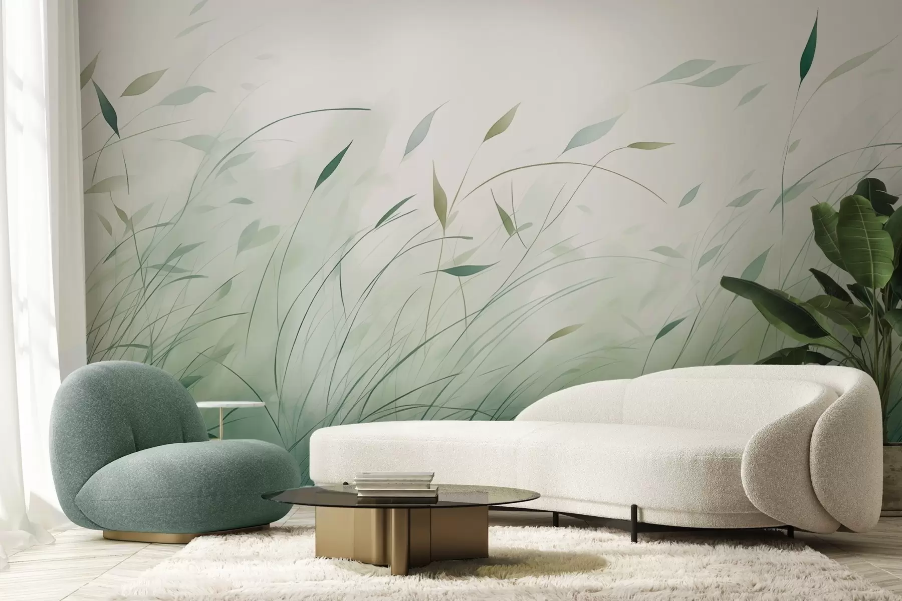 wall murals Зелена трава на ветру у стилу акварела w09331