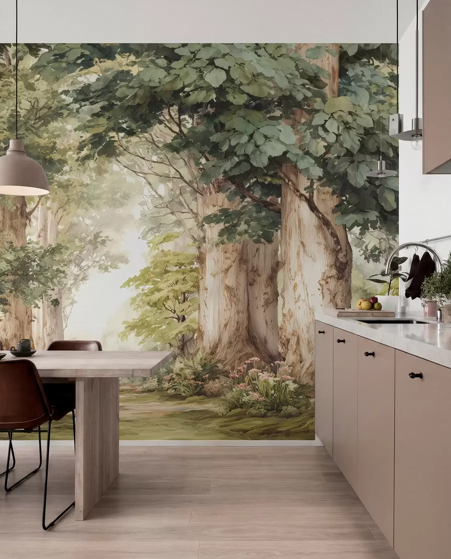 wall murals Шумска стаза међу величанственим дрвећем у акварелном стилу w09404