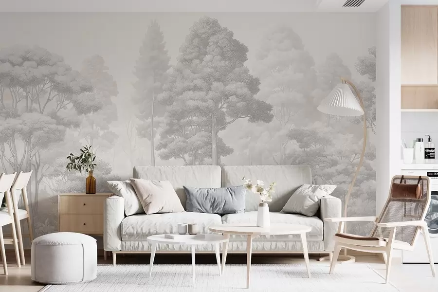 wall murals Уметнички шумски пејзаж у техници црно-белог графичког шрафирања w09411