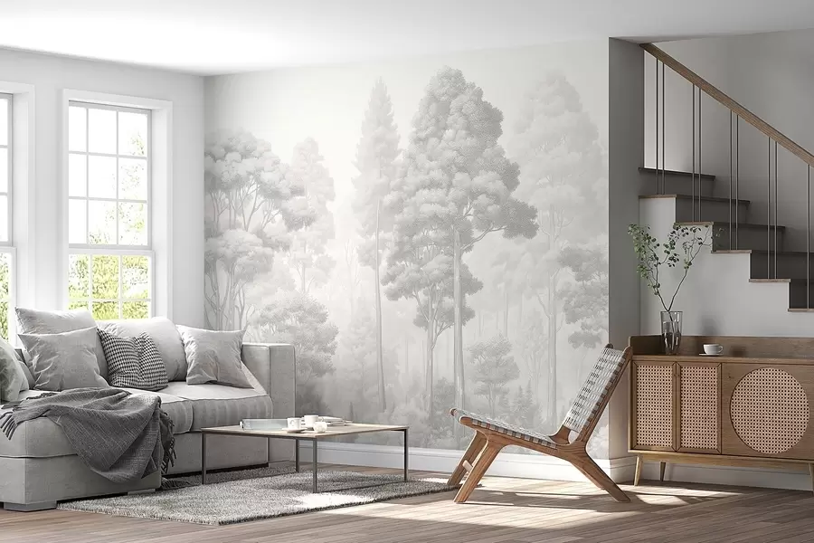 wall murals Уметнички шумски пејзаж у техници црно-белог графичког шрафирања w09411