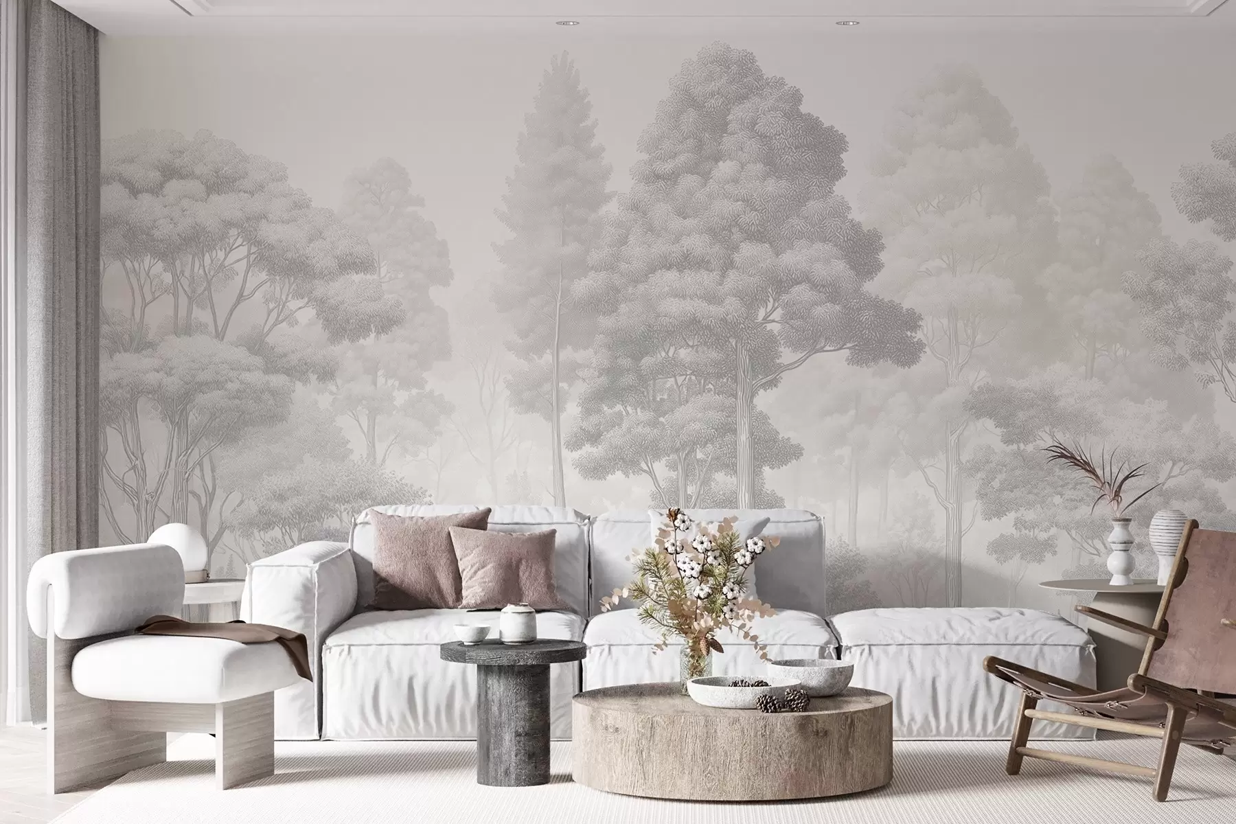 wall murals Уметнички шумски пејзаж у техници црно-белог графичког шрафирања w09411