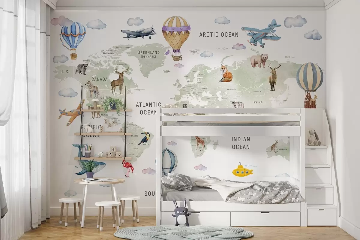 wall murals Дечја мапа света са животињама w04636