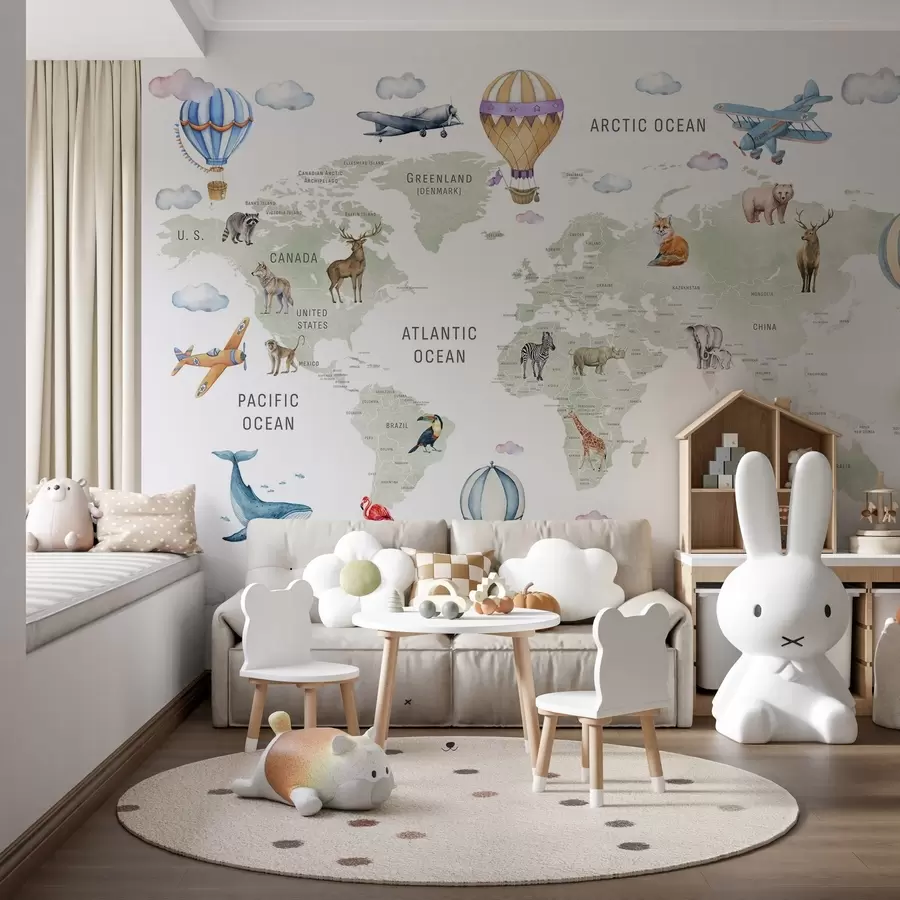 wall murals Дечја мапа света са животињама w04636