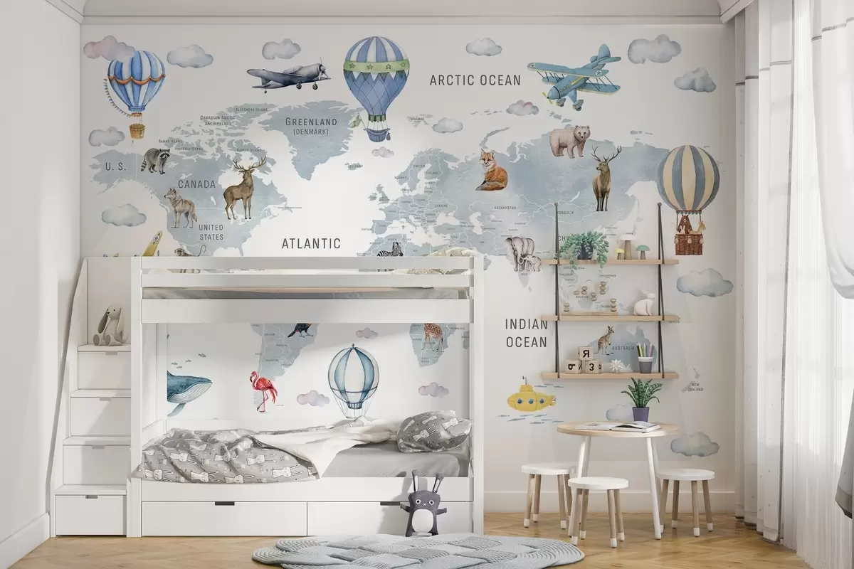 wall murals Дечја мапа света са животињама w04636v1
