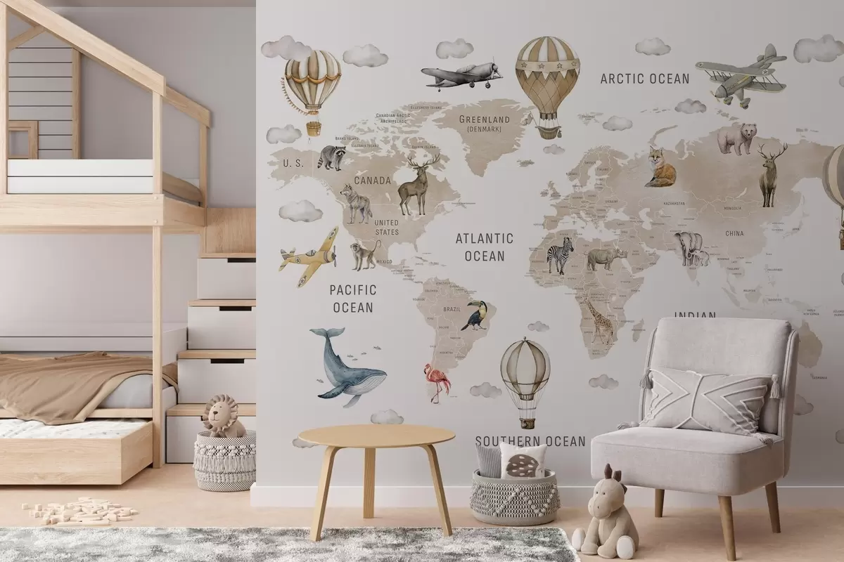 wall murals Дечја мапа света са животињама w04636v2