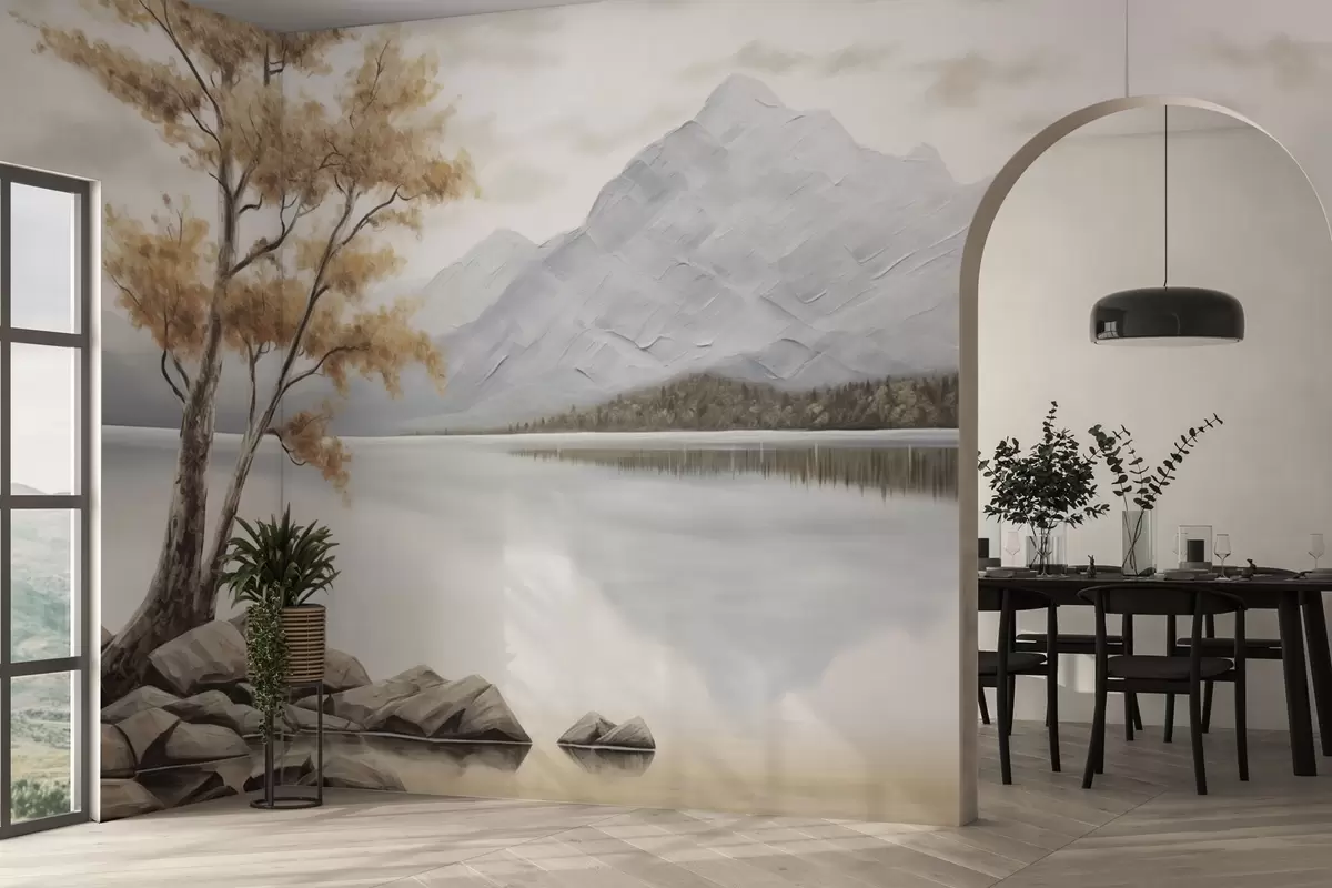 wall murals Јесење дрво поред планинског језера, мирне пастелне боје w04611