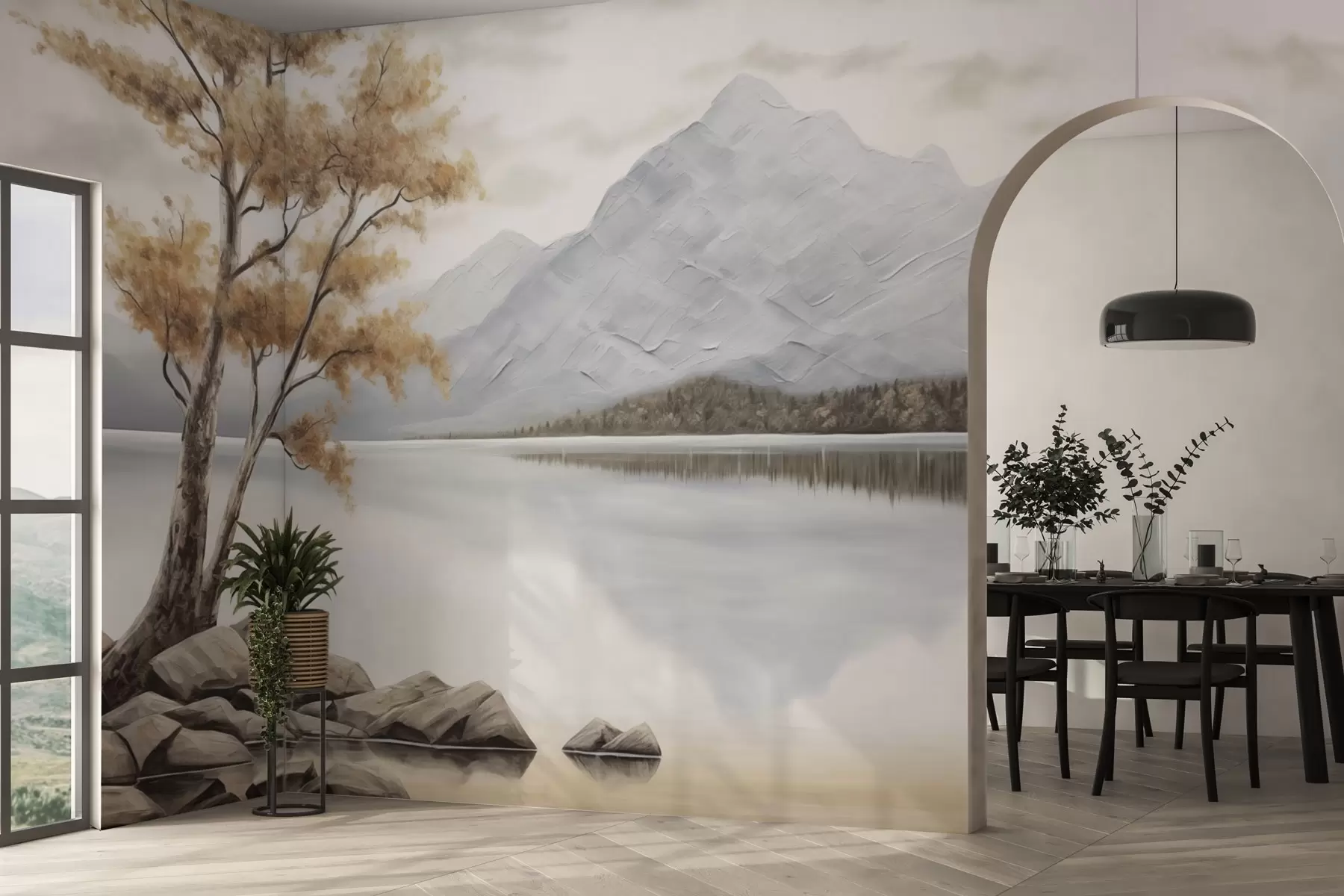 wall murals Јесење дрво поред планинског језера, мирне пастелне боје w04611