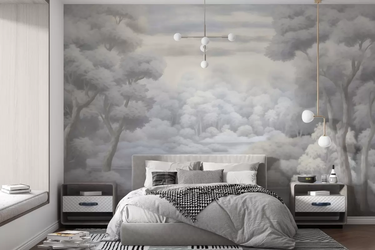 wall murals Магловита шума и језеро у меким сивим тоновима w04617