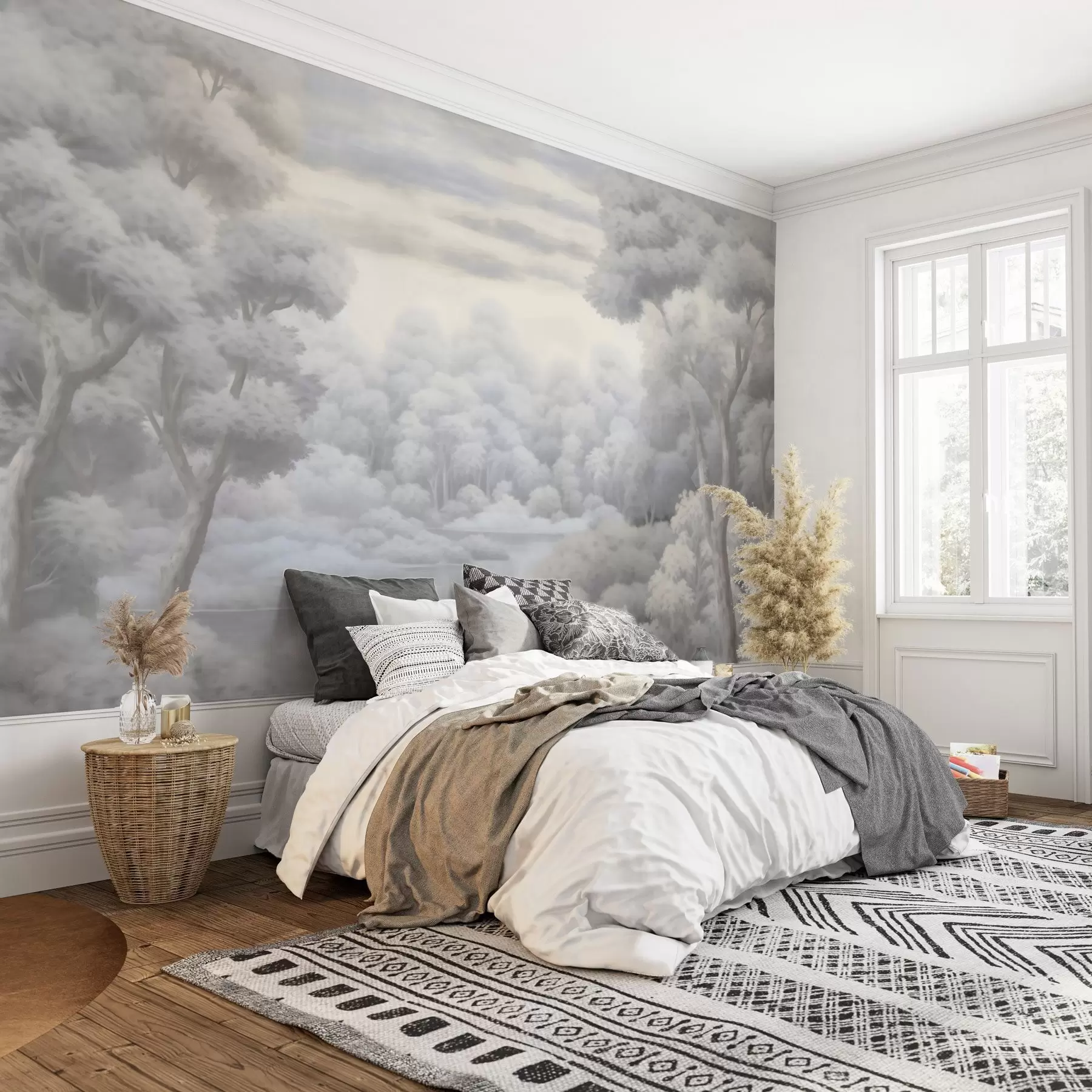 wall murals Магловита шума и језеро у меким сивим тоновима w04617