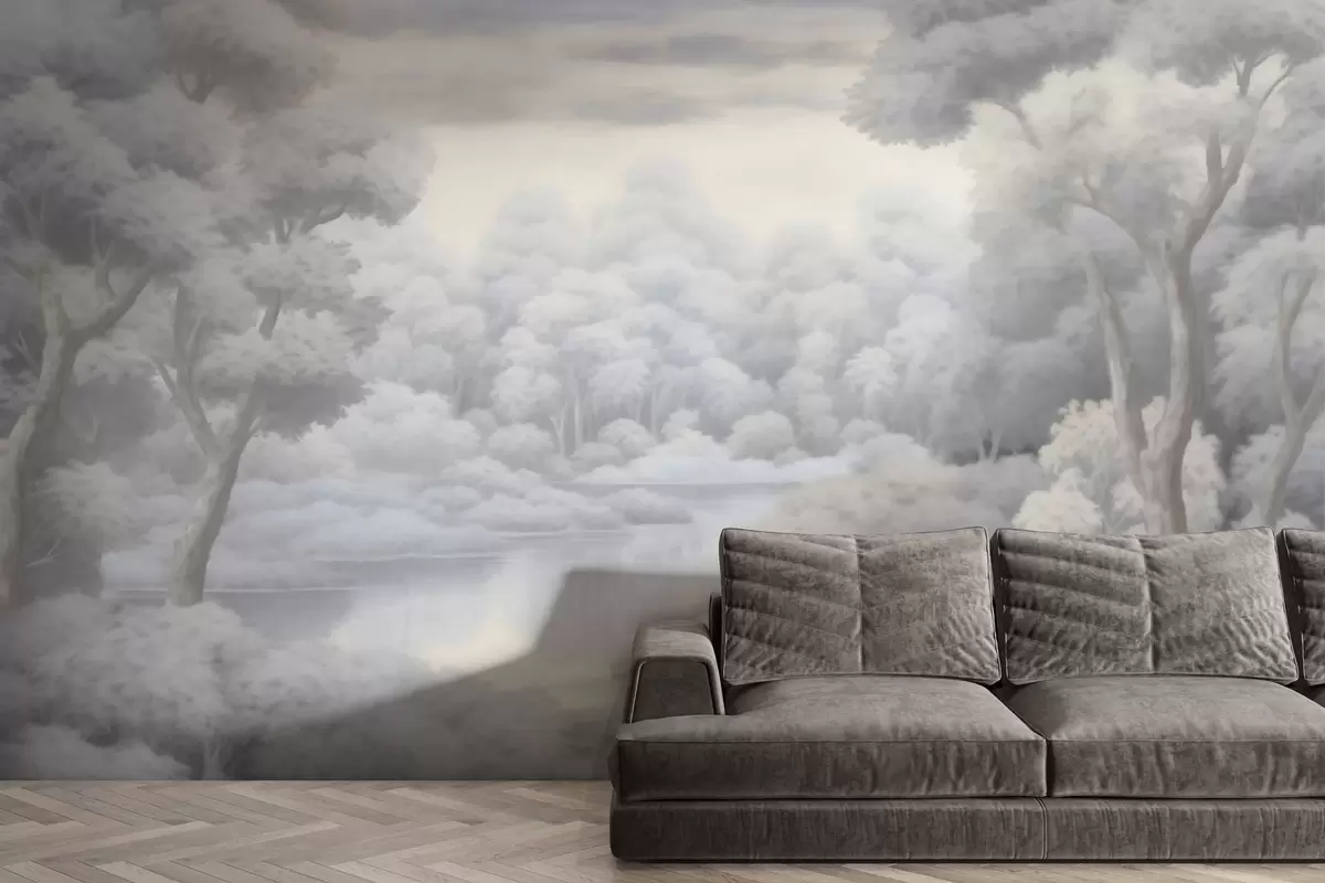 wall murals Магловита шума и језеро у меким сивим тоновима w04617