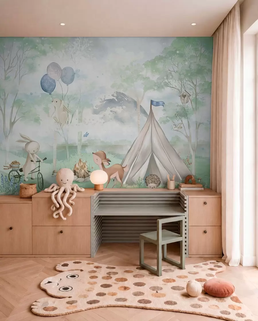 wall murals Дечји шумски камп: зечићи, лане, шатор и логорска ватра w04671v1