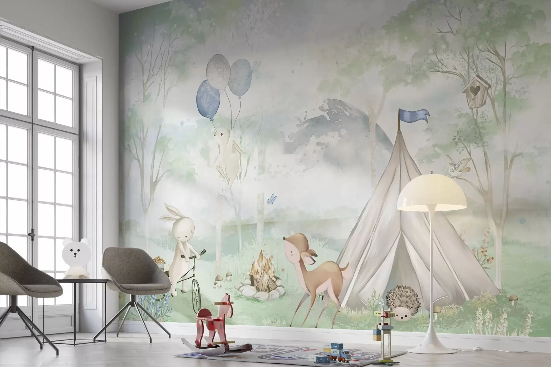 wall murals Дечји шумски камп: зечићи, лане, шатор и логорска ватра w04671v1