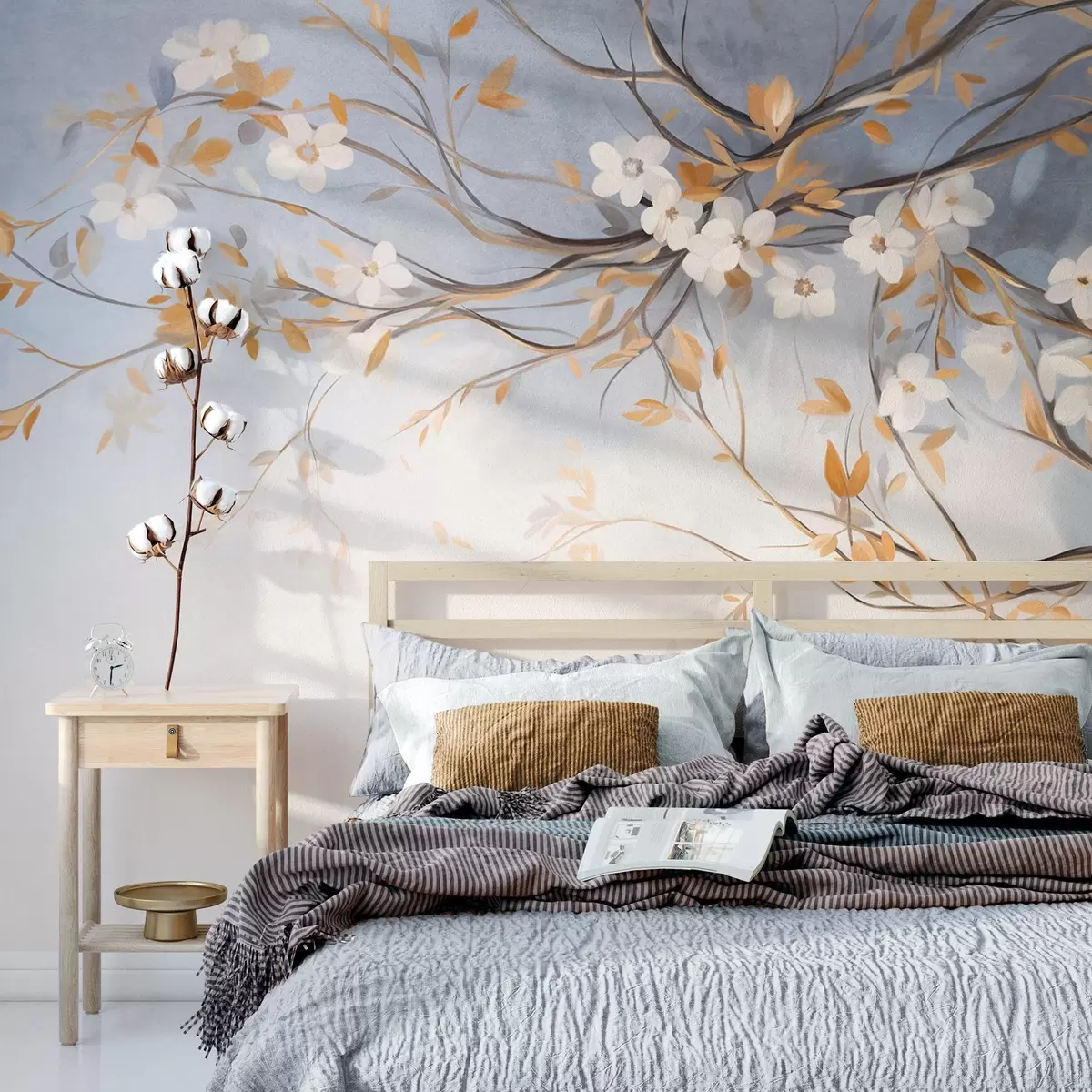 wall murals Бело цвеће са наранџастим листовима на грани дрвета, светлоплава текстурирана позадина, нежни потези четкицом w09415