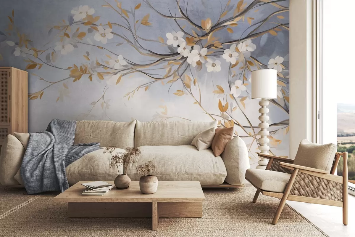 wall murals Бело цвеће са наранџастим листовима на грани дрвета, светлоплава текстурирана позадина, нежни потези четкицом w09415
