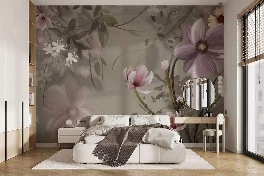 wall murals Ружичасто и бело цвеће са смеђим стабљикама и листовима, меко осветљење, пригушене боје, цветни аранжман w09417