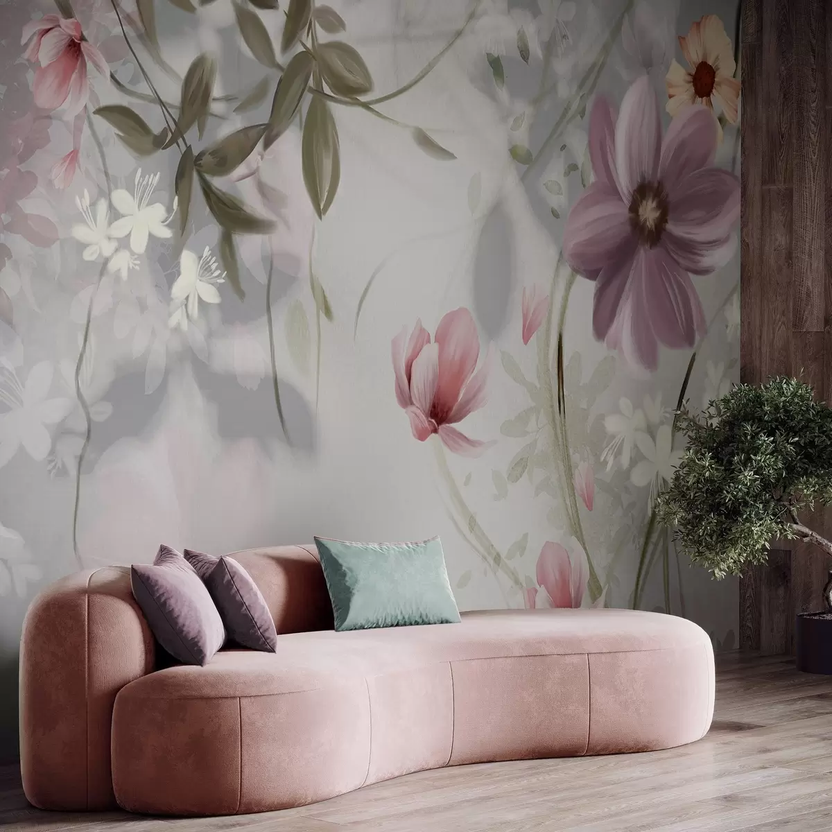 wall murals Ружичасто и бело цвеће са зеленим стабљикама и листовима, меко осветљење, пригушене боје, цветни аранжман w09417v1