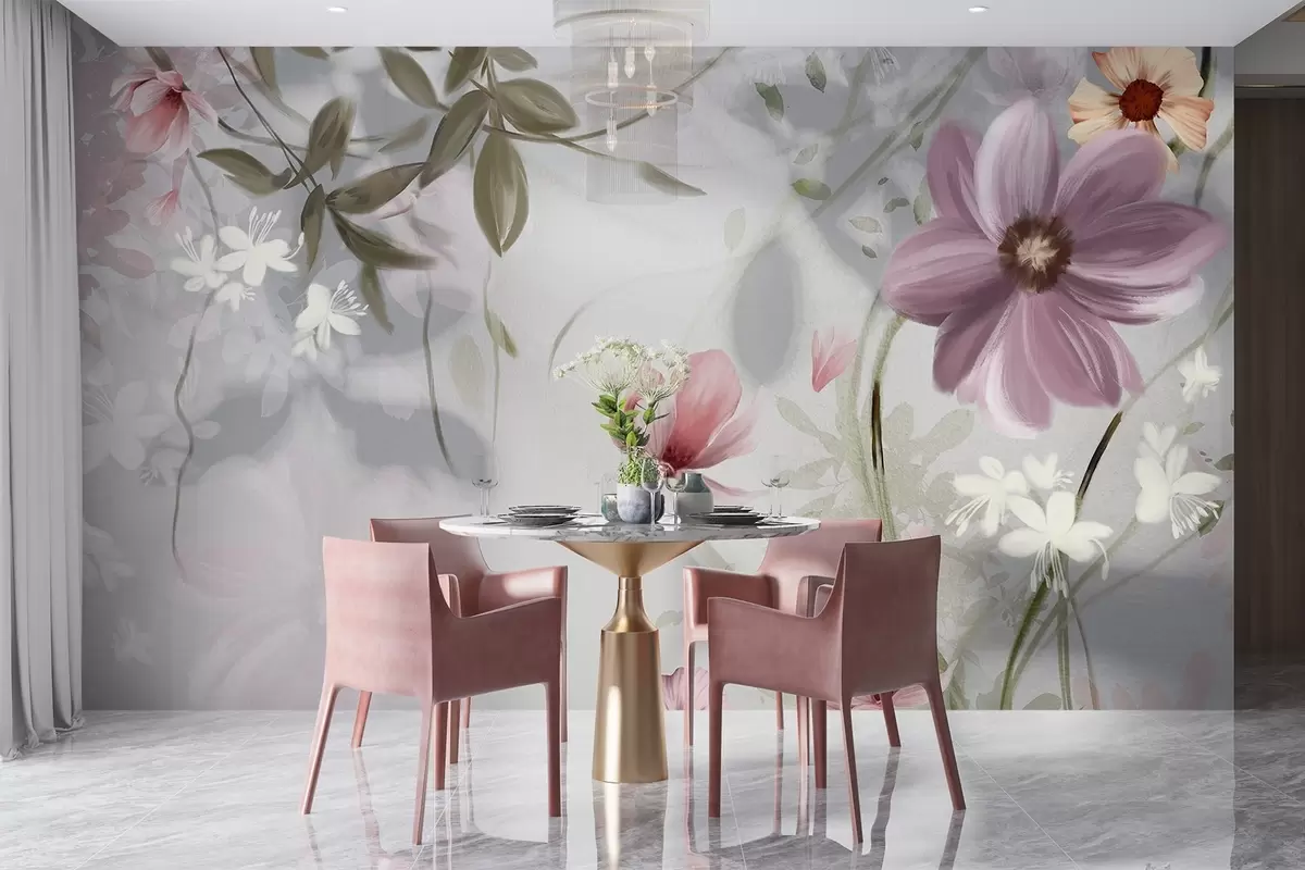 wall murals Ружичасто и бело цвеће са зеленим стабљикама и листовима, меко осветљење, пригушене боје, цветни аранжман w09417v1