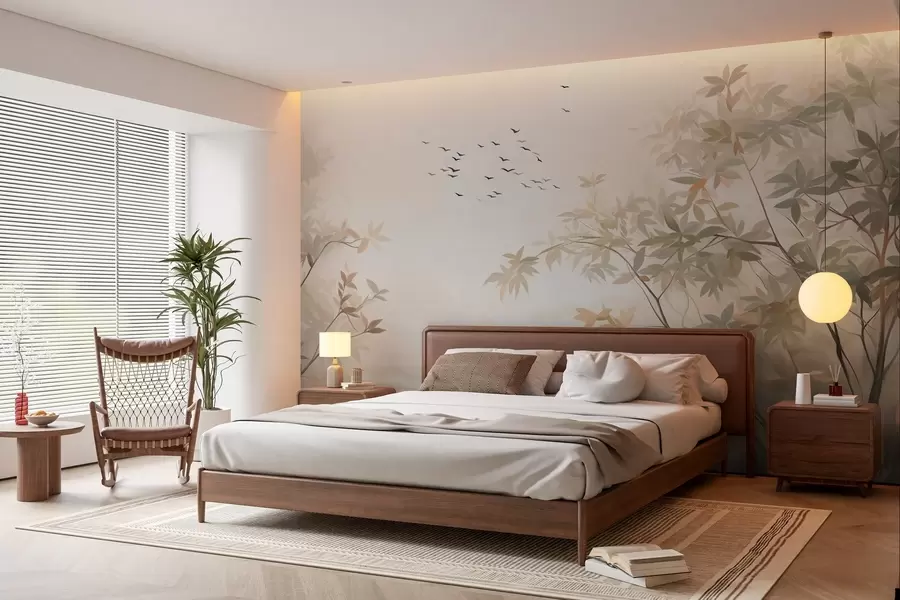 wall murals Текстурирани пејзаж са дрвећем и јатом птица које лете небом, пастелне боје, природа  w09418