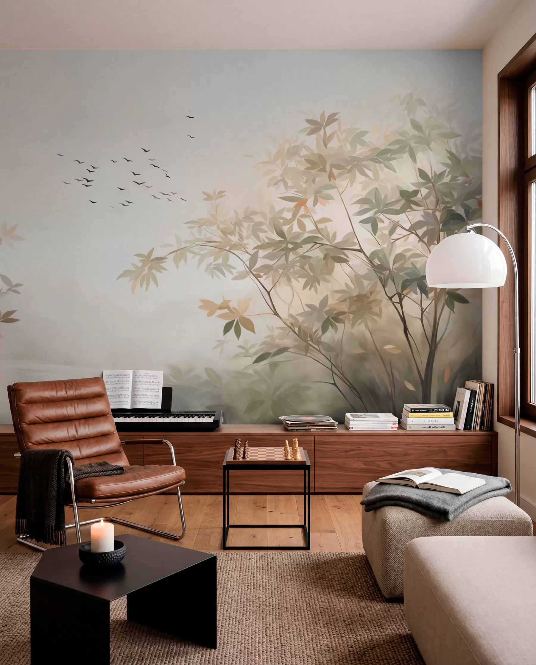 wall murals Текстурирани пејзаж са дрвећем и јатом птица које лете небом, пастелне боје, природа  w09418