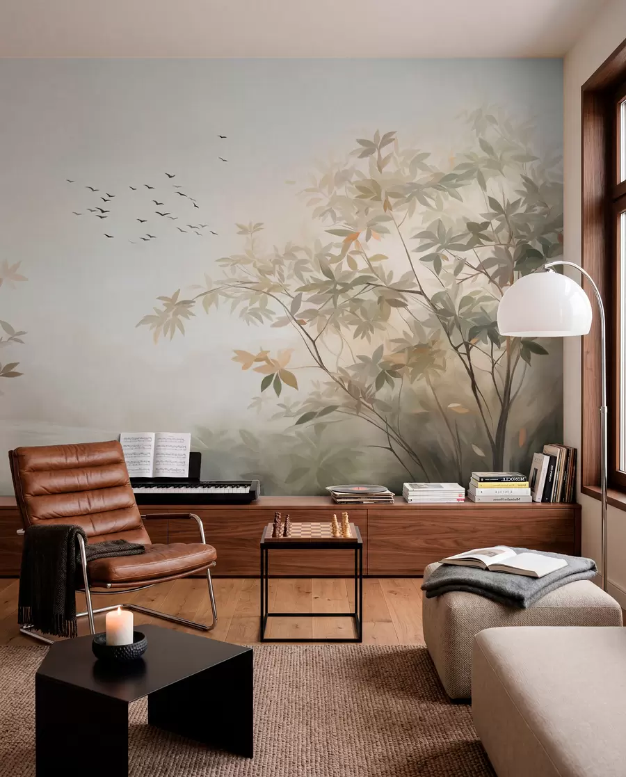 wall murals Текстурирани пејзаж са дрвећем и јатом птица које лете небом, пастелне боје, природа  w09418