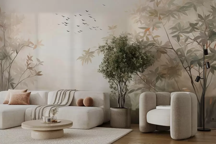wall murals Текстурирани пејзаж са дрвећем и јатом птица које лете небом, пастелне боје, природа  w09418