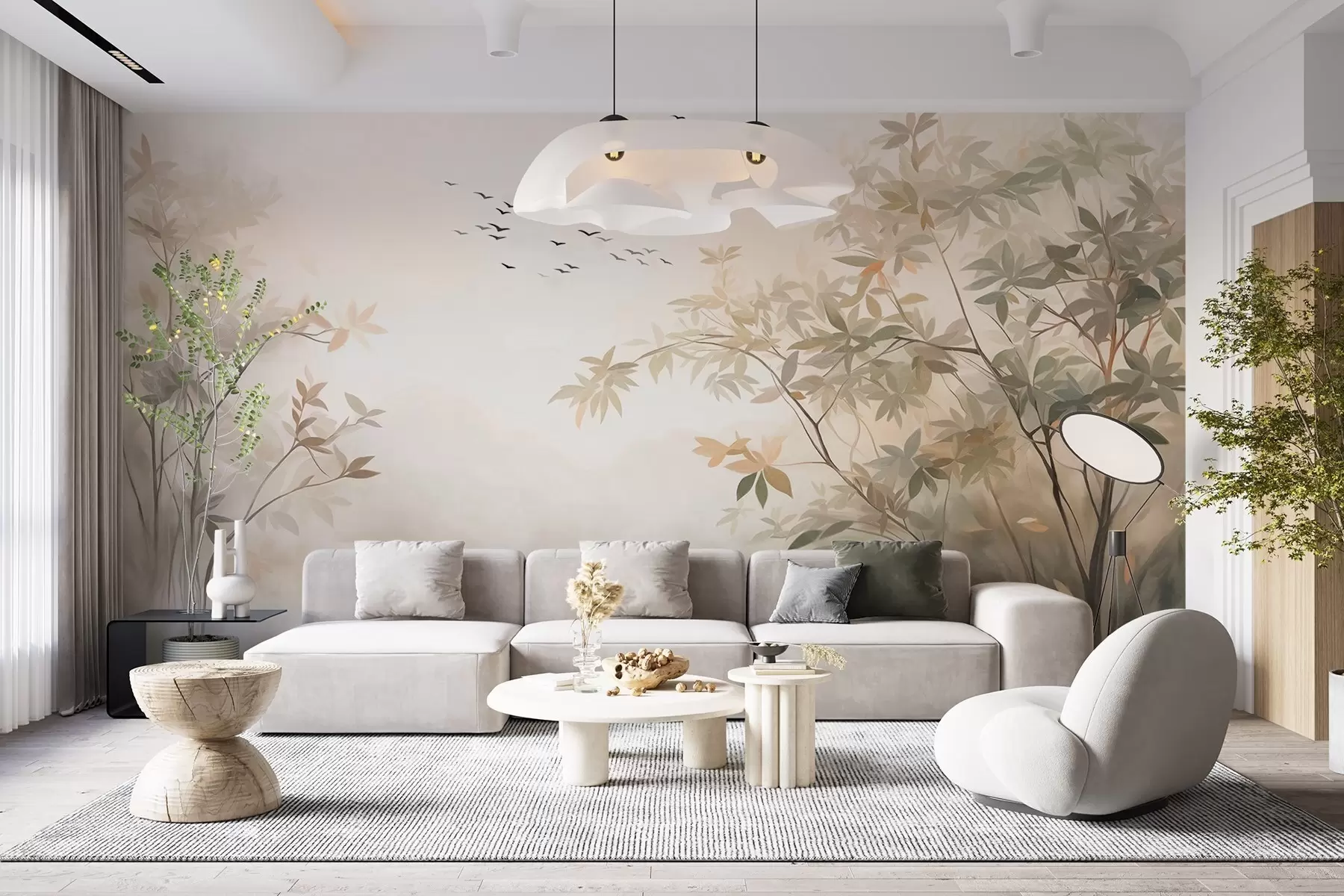 wall murals Текстурирани пејзаж са дрвећем и јатом птица које лете небом, пастелне боје, природа  w09418