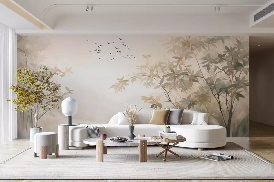 wall murals Текстурирани пејзаж са дрвећем и јатом птица које лете небом, пастелне боје, природа  w09418
