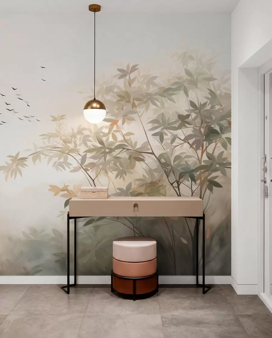 wall murals Текстурирани пејзаж са дрвећем и јатом птица које лете небом, пастелне боје, природа  w09418