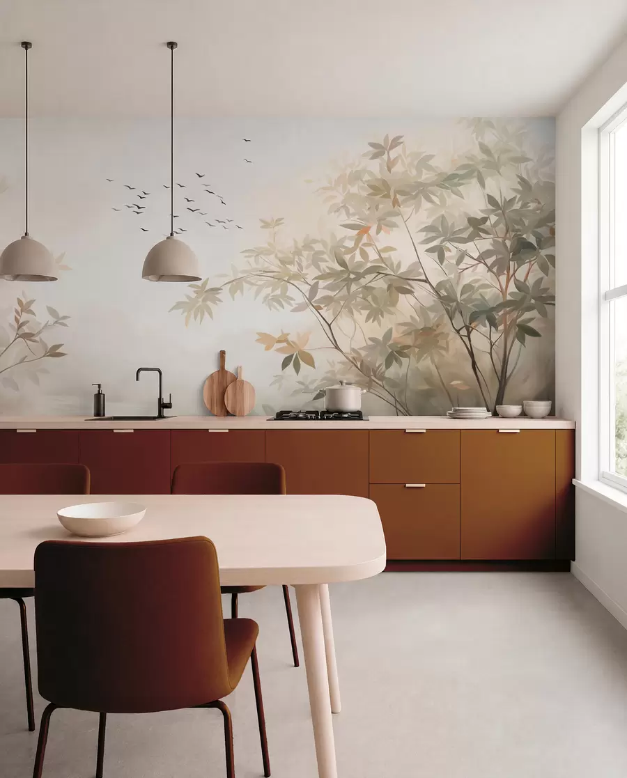 wall murals Текстурирани пејзаж са дрвећем и јатом птица које лете небом, пастелне боје, природа  w09418