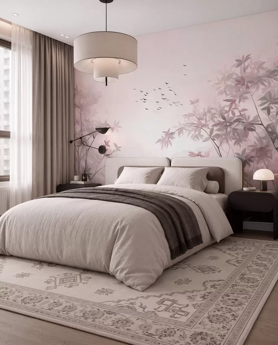 wall murals Текстурирани пејзаж са дрвећем и јатом птица које лете небом, пастелне боје, природа w09418v1