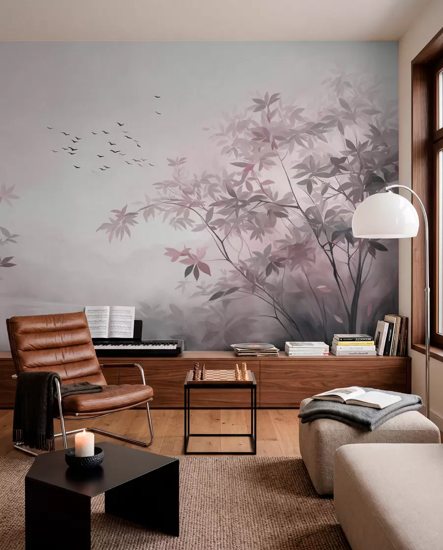 wall murals Текстурирани пејзаж са дрвећем и јатом птица које лете небом, пастелне боје, природа w09418v1