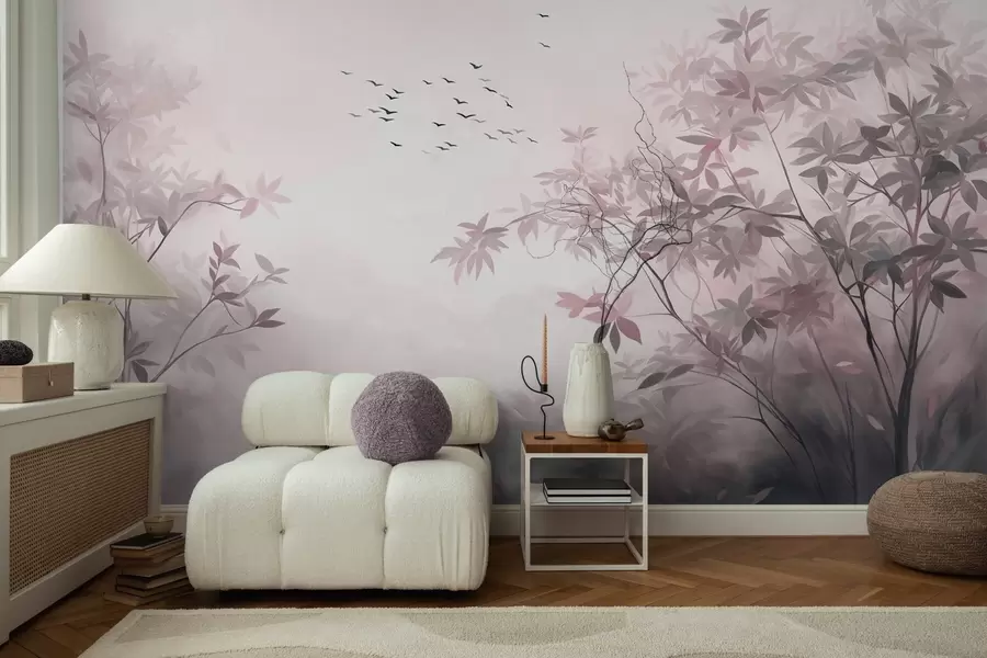 wall murals Текстурирани пејзаж са дрвећем и јатом птица које лете небом, пастелне боје, природа w09418v1