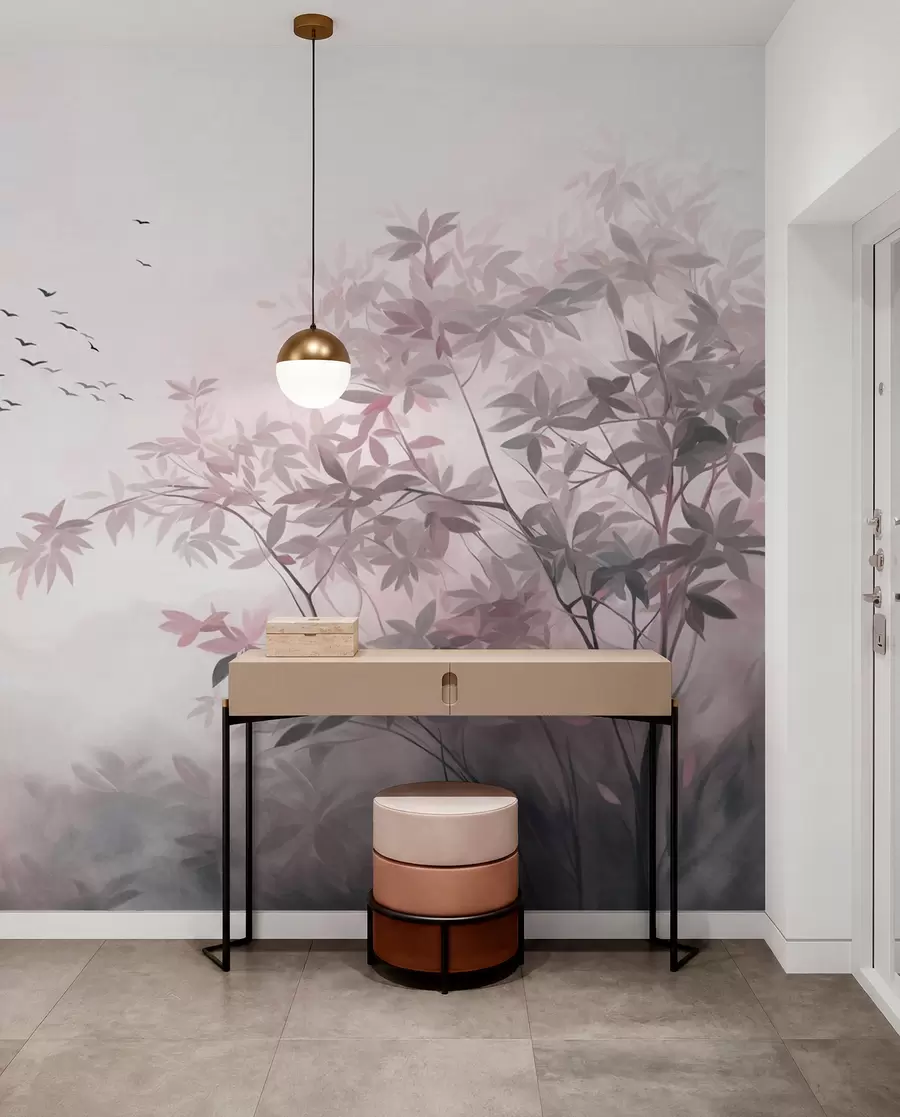 wall murals Текстурирани пејзаж са дрвећем и јатом птица које лете небом, пастелне боје, природа w09418v1
