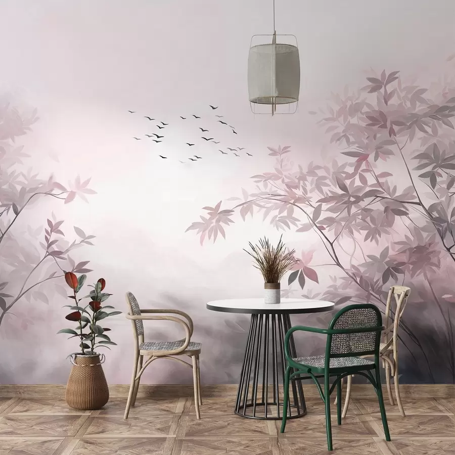 wall murals Текстурирани пејзаж са дрвећем и јатом птица које лете небом, пастелне боје, природа w09418v1