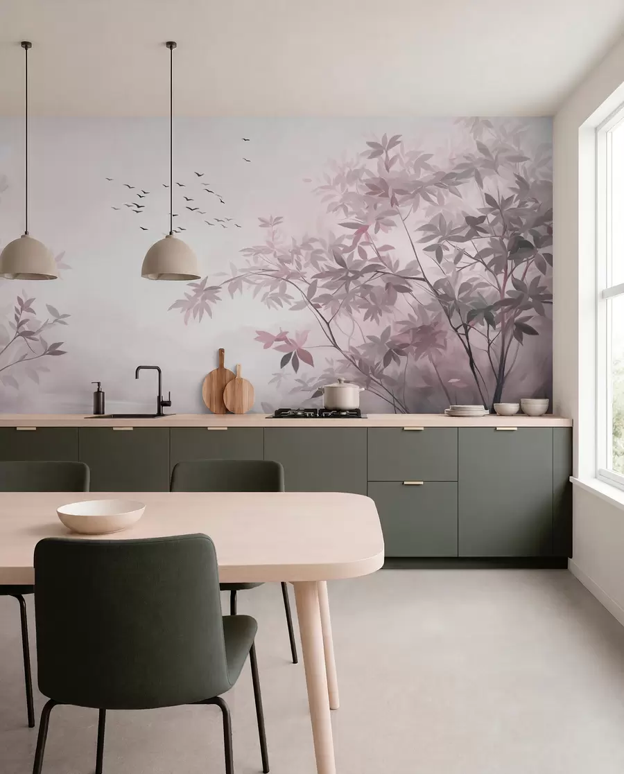 wall murals Текстурирани пејзаж са дрвећем и јатом птица које лете небом, пастелне боје, природа w09418v1