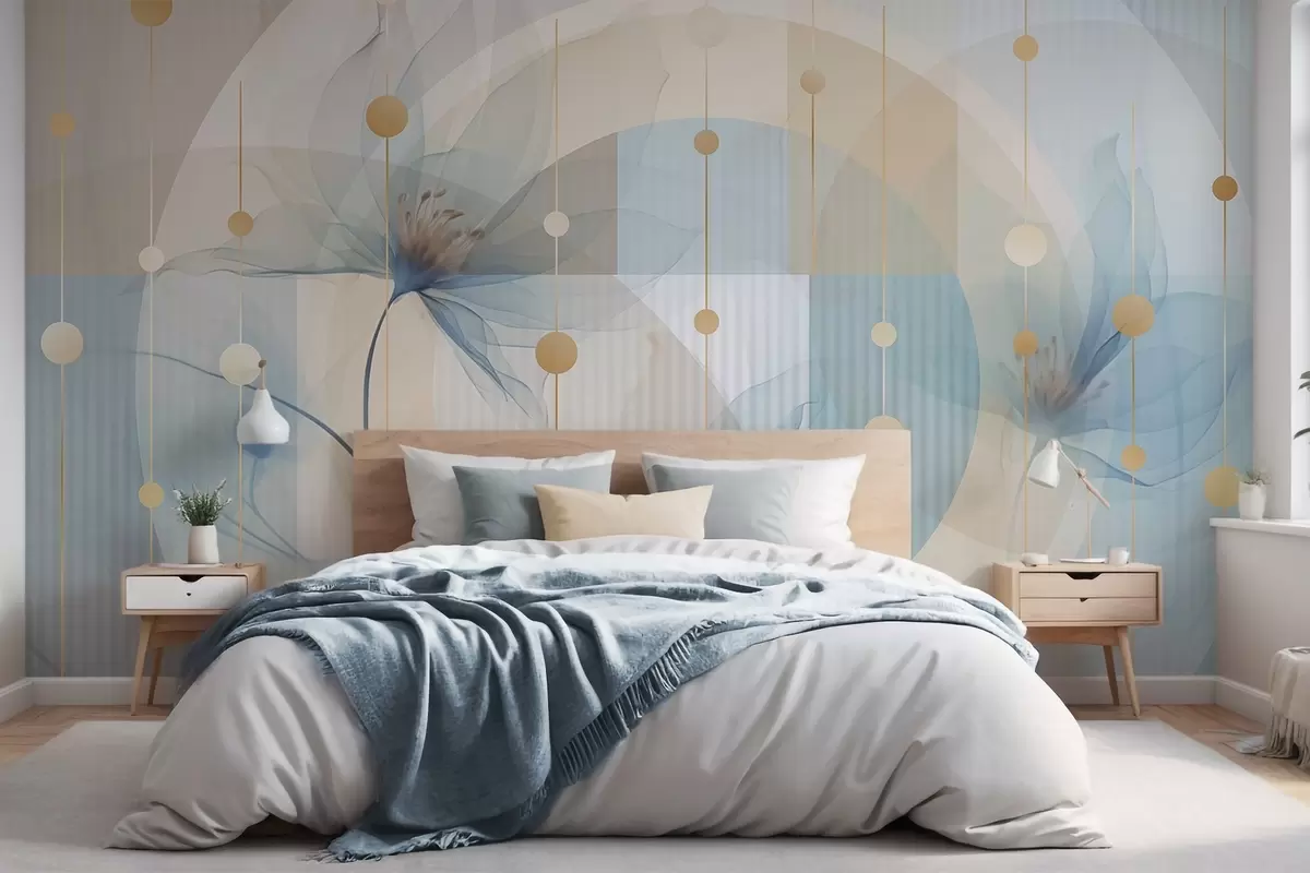 wall murals Апстрактни провидни цветови, кругови и геометријски облици, пастелно плава, беж и бела палета боја w09419
