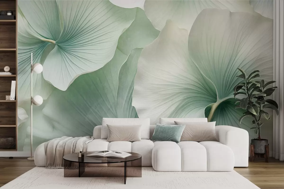 wall murals Бели и зелени листови гинка, мека текстура, апстрактна цветна позадина, минималистички модерни стил w09421