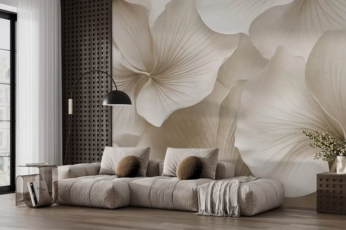 wall murals Бели и беж листови гинка, мека текстура, апстрактна цветна позадина, минималистички модерни стил w09421v1
