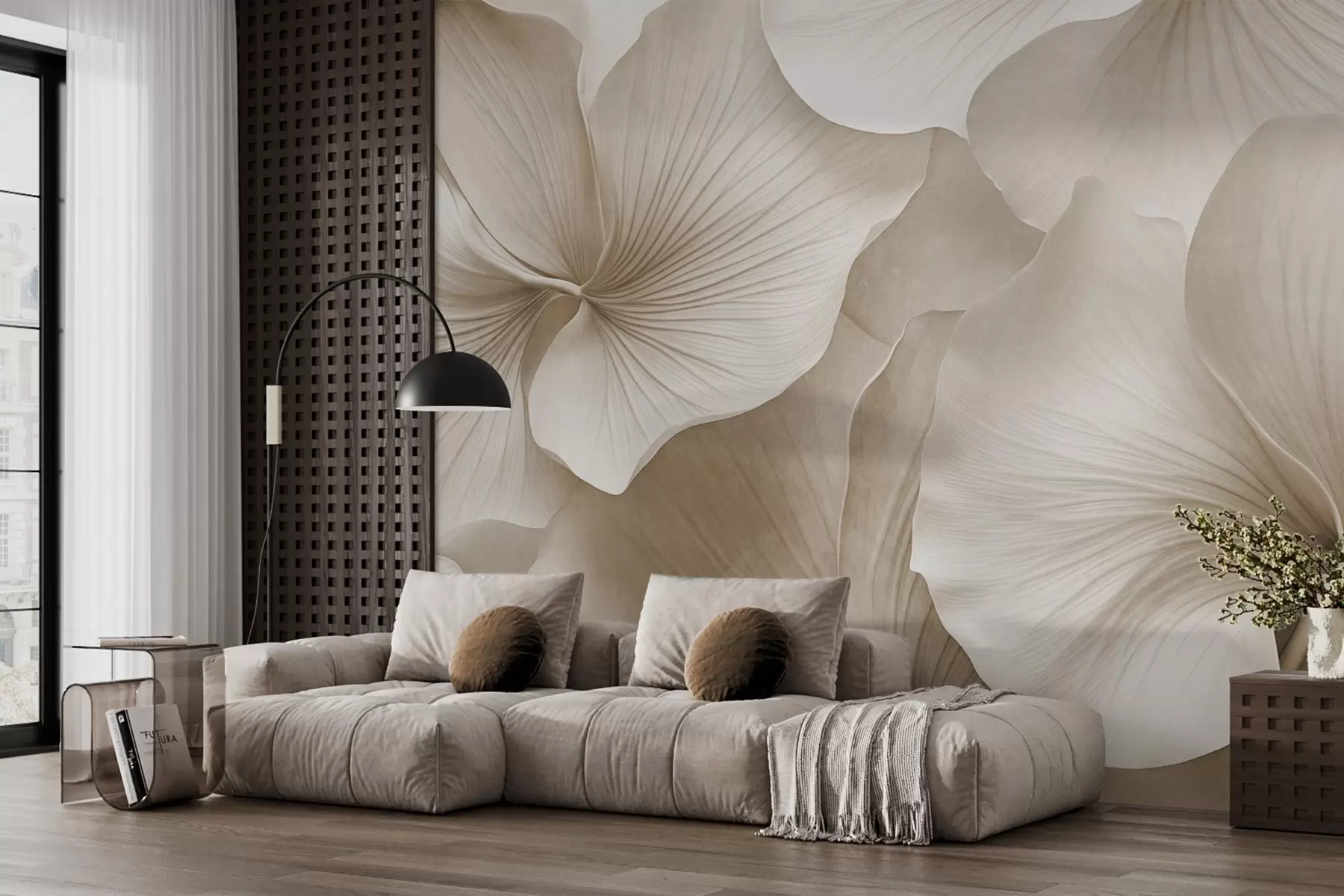 wall murals Бели и беж листови гинка, мека текстура, апстрактна цветна позадина, минималистички модерни стил w09421v1