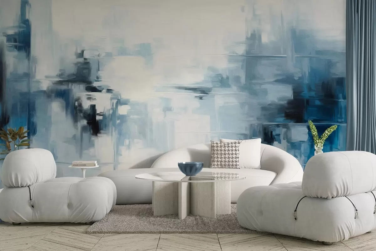 wall murals Апстрактна текстурирана имитација пејзажног сликарства са плавим и белим потезима четкице, модерни стил w09422