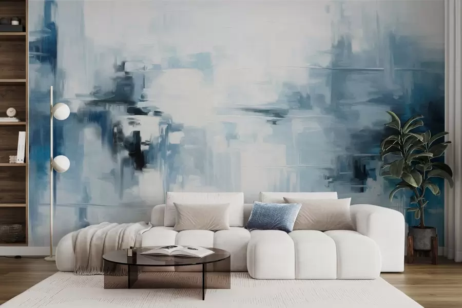 wall murals Апстрактна текстурирана имитација пејзажног сликарства са плавим и белим потезима четкице, модерни стил w09422
