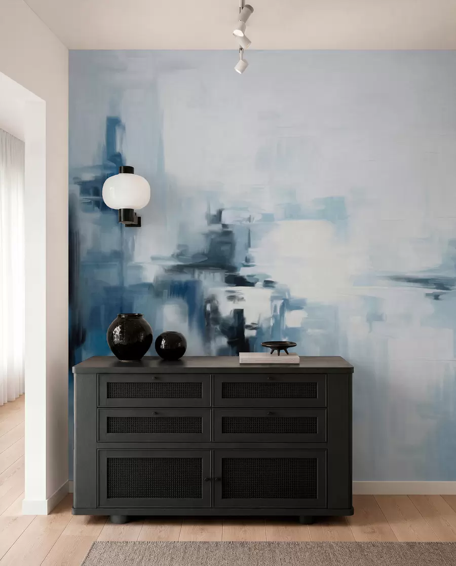 wall murals Апстрактна текстурирана имитација пејзажног сликарства са плавим и белим потезима четкице, модерни стил w09422