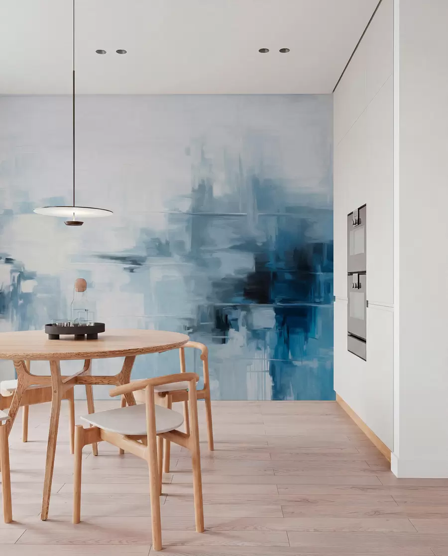wall murals Апстрактна текстурирана имитација пејзажног сликарства са плавим и белим потезима четкице, модерни стил w09422