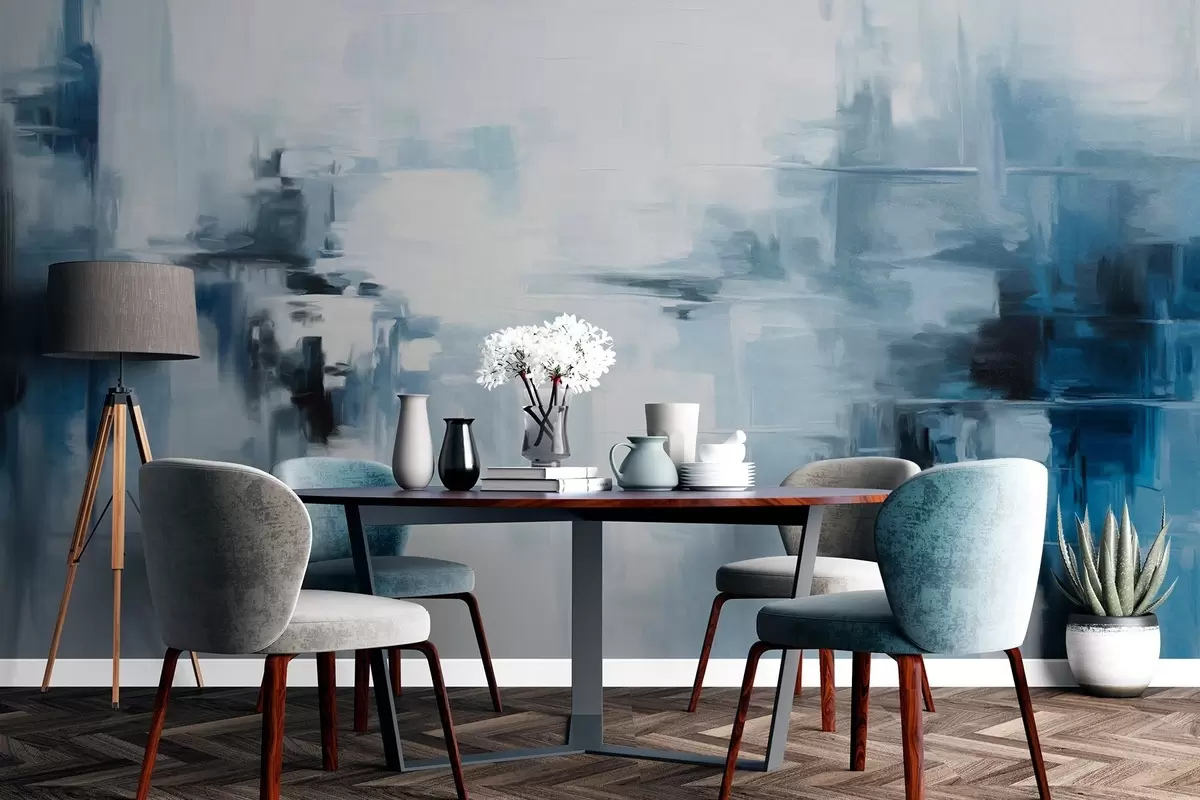 wall murals Апстрактна текстурирана имитација пејзажног сликарства са плавим и белим потезима четкице, модерни стил w09422