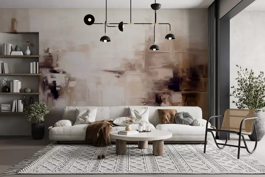 wall murals Апстрактна текстурирана имитација пејзажног сликарства са смеђим и белим потезима четкице, модерни стил w09422v1