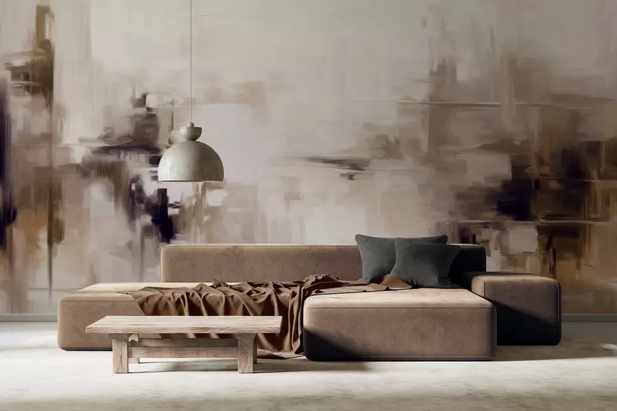 wall murals Апстрактна текстурирана имитација пејзажног сликарства са смеђим и белим потезима четкице, модерни стил w09422v1
