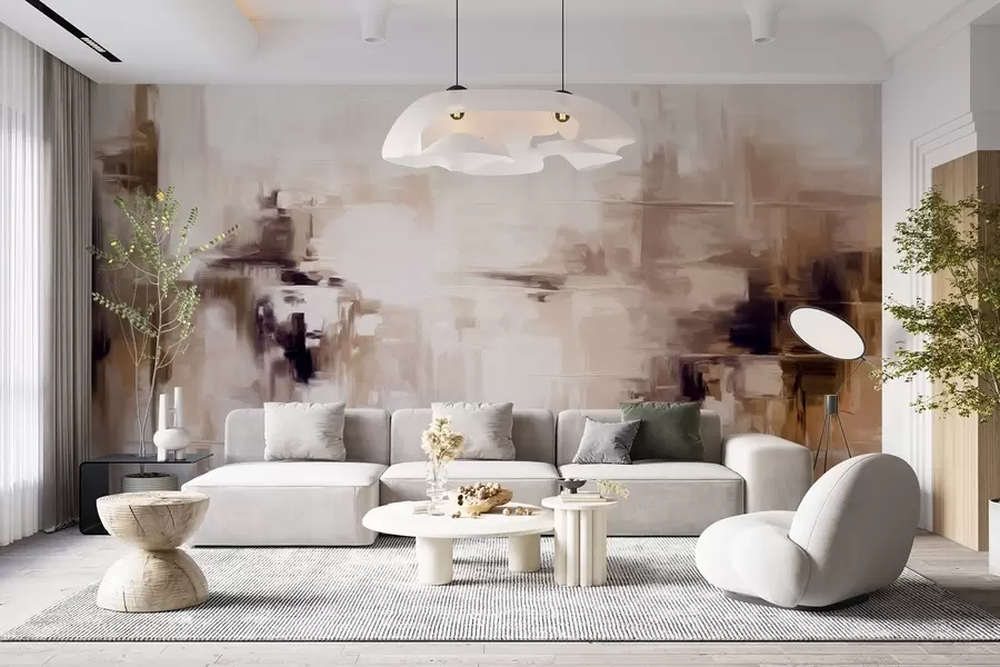 wall murals Апстрактна текстурирана имитација пејзажног сликарства са смеђим и белим потезима четкице, модерни стил w09422v1