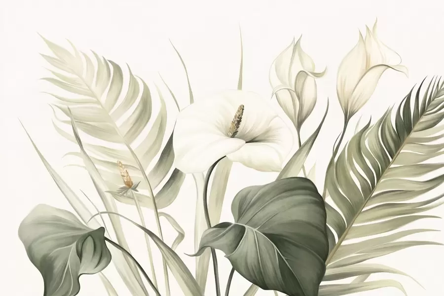 wall murals Беле кале и зелено тропско лишће, ботаничка илустрација, светла позадина, винтаге стил, текстурирано w09423