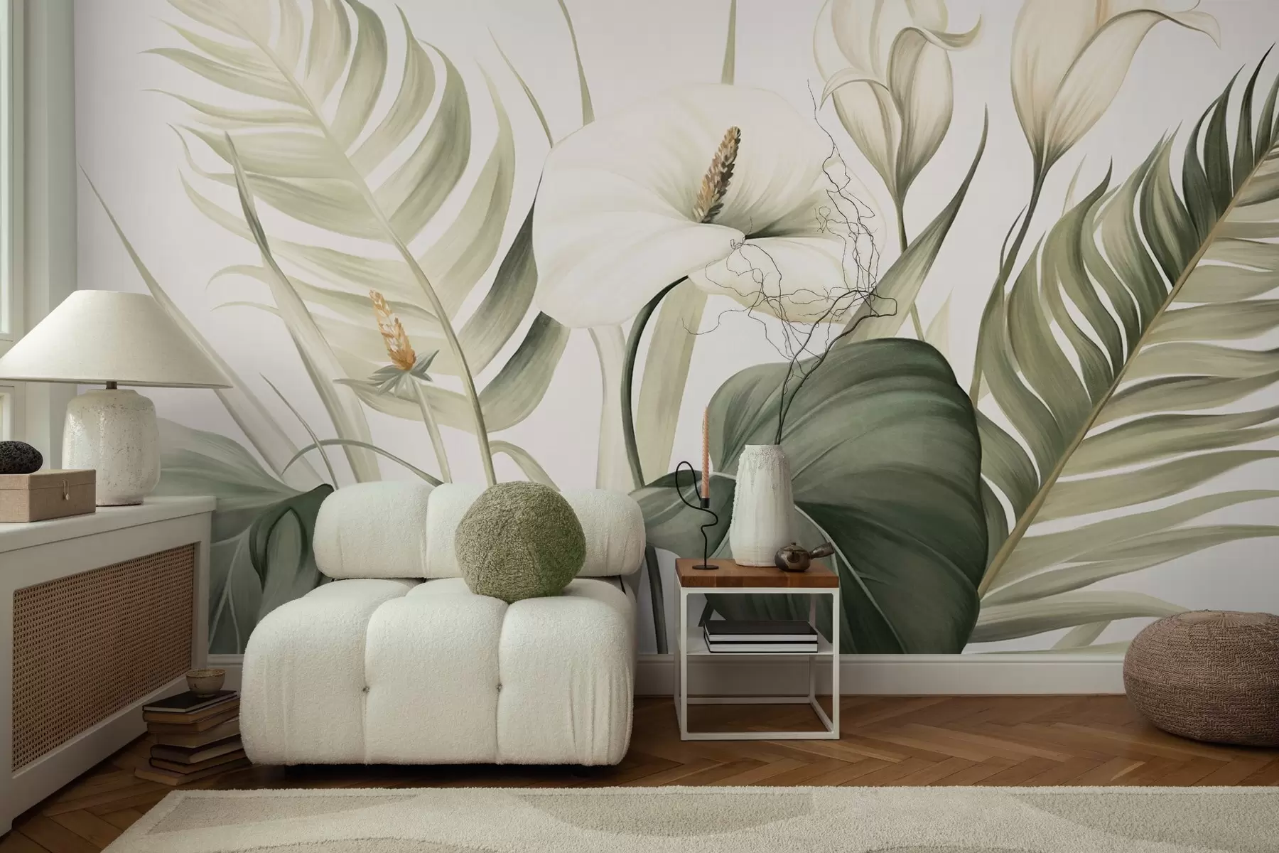 wall murals Беле кале и зелено тропско лишће, ботаничка илустрација, светла позадина, винтаге стил, текстурирано w09423