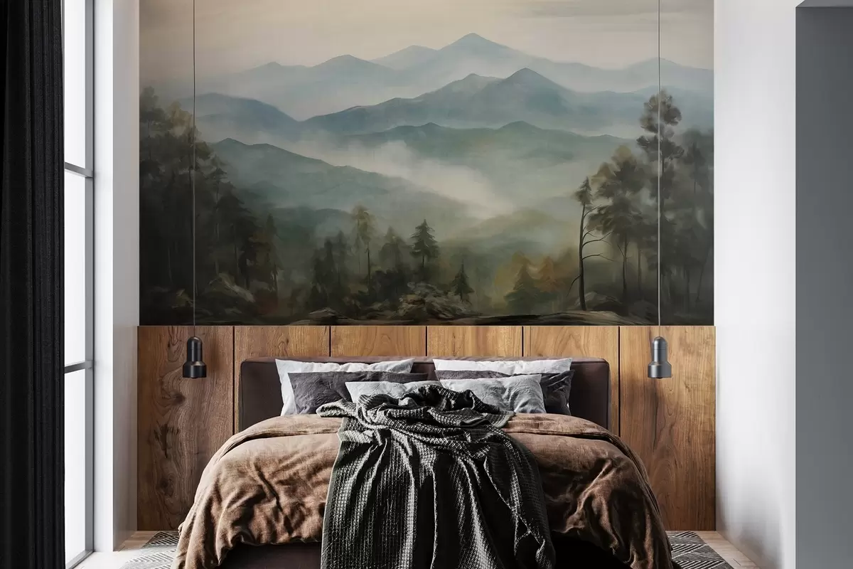 wall murals Магловити планински ланац са дрвећем, маглом, облачним небом, пригушеним бојама, стилом пејзажног сликарства w09424